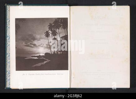 Blick auf einen Strand mit Palmen bei Sonnenaufgang auf tahiti; Captain Cooks erster Landeplatz. Sonnenaufgang. . Stockfoto