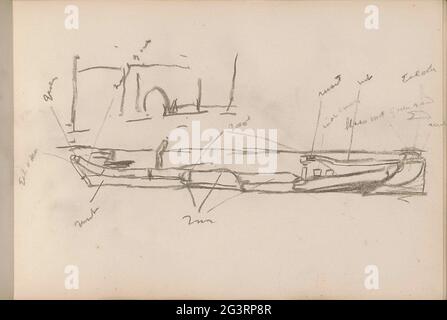 Ein oder zwei vertäute Lastkähne, möglicherweise mit dem neuen Leert-Garten in Amsterdam. Seite 32 aus einem Skizzenbuch mit 21 Blättern. Stockfoto