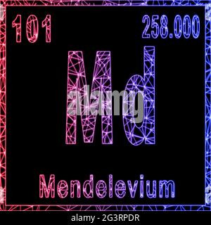 Mendelevium chemisches Element, Zeichen mit Ordnungszahl und Atomgewicht, Stockfoto