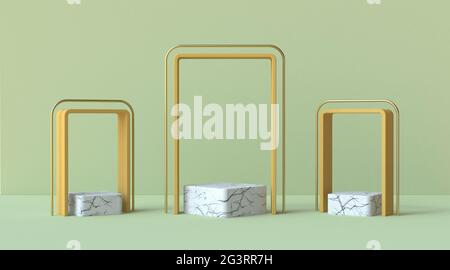 Abstraktes Podium mit drei quadratischen Marmorpodesten in 3D Stockfoto