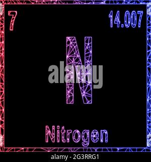 Chemisches Element Stickstoff, Zeichen mit Ordnungszahl und Atomgewicht, Stockfoto