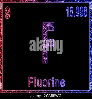 Fluorisches chemisches Element, Zeichen mit Ordnungszahl und Atomgewicht, Stockfoto