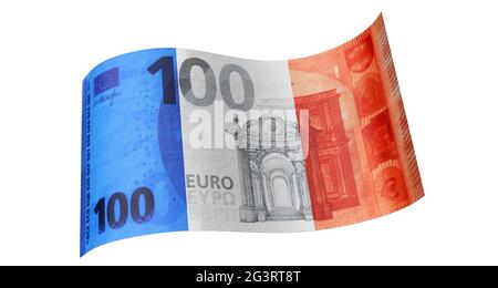 100-Euro-Note in blau-weiß-rot (Frankreich-Flagge) Stockfoto