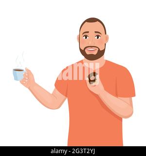 Ein junger bärtiger Kerl hält eine Tasse Kaffee in der einen Hand und einen Donut in der anderen. Stockfoto