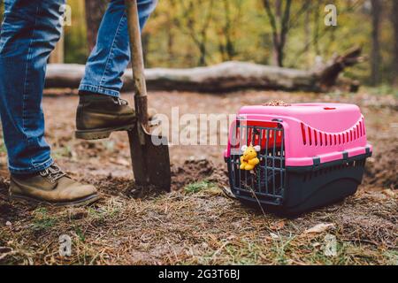 Mann, der ein Grab auf dem Tierfriedhof gräbt. Totengräber gräbt Tiergräbergrube in bewaldeten Gebieten. Tragetasche für Tiere mit Spielzeug auf dem Rücken Stockfoto