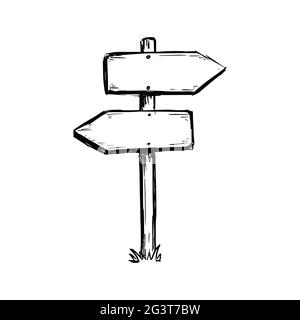 Richtungsschild skizzieren. Handgezeichneter Doodle-Stil. Holzschild. Vektorgrafik. Stock Vektor