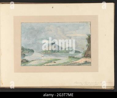 Banda-Inseln. Blick auf den rauchenden Vulkan Gunung API (auch Banda API genannt). Blatt 4 aus einem Album mit 14 Zeichnungen und einem Druck. Stockfoto