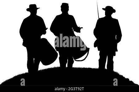 American Civil war Schlagzeuger Jungen und Soldat auf einem Hügel in schwarzer Silhouette auf weißem Hintergrund Stock Vektor