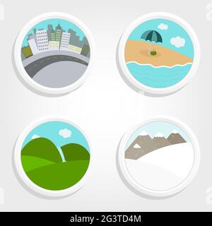 Vier verschiedene Landschaften in einer kreisförmigen und weißen Ikone: Strände, Berge, Schnee, Stadt Stock Vektor