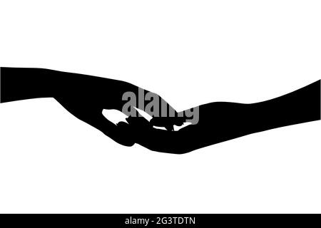 Silhouette von menschlichen Händen berühren einander isoliert auf weißem Hintergrund. Vektorgrafik. Stock Vektor