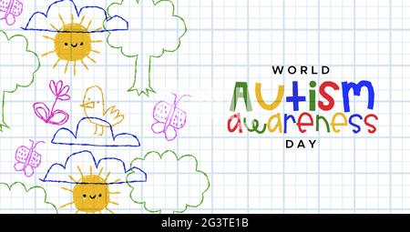Autismus Awareness Day Grußkarte Illustration von niedlichen kindischen Kritzeleien in lustigen handgezeichneten Kind Cartoon-Stil. Autistische Kindererziehung oder Psychol Stock Vektor