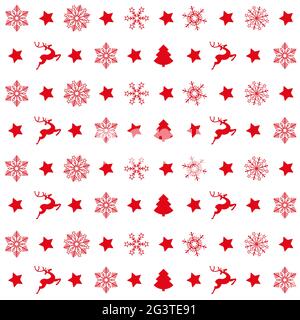 Rote Weihnachten Muster Schneeflocken Rentier Baum Stockfoto