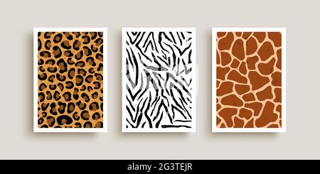 Ein Satz von Texturillustration mit Tierdruck auf isoliertem weißem Hintergrund. Afrikanische wilde Tiere Haut Hintergründe gehören Zebra, Leopard, Giraffe. Stock Vektor