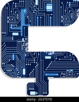 Buchstabe „Cedilla“ aus dem stilisierten Alphabet der Technologie mit elektronischer Schaltung. Großbuchstabe. Stock Vektor