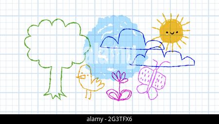 Niedliche Kinder Doodle Landschaft Illustration mit bunten Natur Dekoration in kindisch handgezeichnet Cartoon-Stil. Stock Vektor