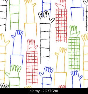 Bunte verschiedene Hände angehoben, Doodle Cartoon nahtlose Muster Illustration. Kindliche Hand gezeichnet Bleistift Hintergrund für Kinder Bildung oder Gemeinschaft h Stock Vektor