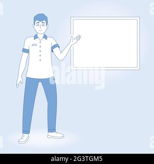 Guy zeigt mit der Hand auf ein leeres Whiteboard, ein Mann zeigt einen Bericht. Vektorgrafik im flachen Stil. Stockfoto