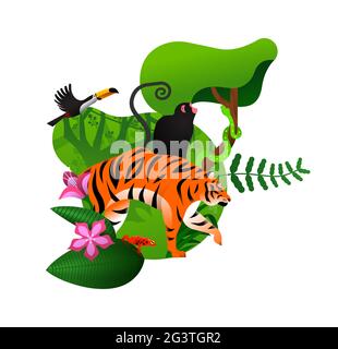 Vielfältige Dschungelumgebung mit Tieren und exotischen Pflanzen. Moderne flache Cartoon-Illustration des grünen Ökosystems auf isoliertem Hintergrund. Inklusive Tiger, Stock Vektor