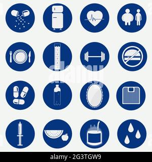 Monochromatische kreisförmige Symbole mit Gradienten, die Geräte, Lebensmittel und gesundheitsbezogene Gewohnheiten darstellen. Stock Vektor