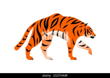 Bengalische Tiger-Illustration auf isoliertem weißem Hintergrund. Exotisches gefährdetes Dschungeltierkonzept. Pädagogisches Wildlife-Design im modernen Cartoon-Stil. Stock Vektor