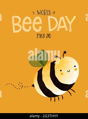 World Bee Day Grußkarte Illustration der lustigen Hummel Cartoon-Figur in handgezeichneter Stil. Umweltfreundliche Tierschutz Urlaub Veranstaltung backgr Stock Vektor