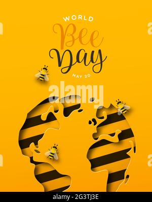 World Bee Day Grußkarte Illustration von Papier geschnitten Erde Planeten in modernen 3d-Papierschnitt-Stil. Umweltfreundliches Urlaubsevent-Design für weltweite Bienen c Stock Vektor