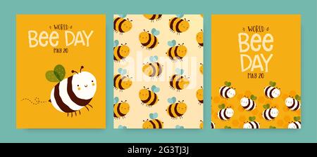 World Bee Day Grußkarte Illustration Set von niedlichen Hummel Charakter in lustigen handgezeichneten Kinder Cartoon-Stil. Umweltfreundliches Design für Urlaubsveranstaltungen Stock Vektor