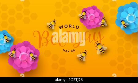 World Bee Day Webbanner-Illustration von Papier geschnittenen Blumen und Hummeln Insekten in modernem 3d-Papierschnitt-Stil. Umweltfreundliches Feiertagsevent-Design für wo Stock Vektor