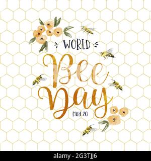 World Bee Day Grußkarte Illustration von handgezeichneten Hummel Insekt mit gelben Frühling Blume Dekoration. Umweltfreundliches Urlaubsevent-Design für Be Stock Vektor