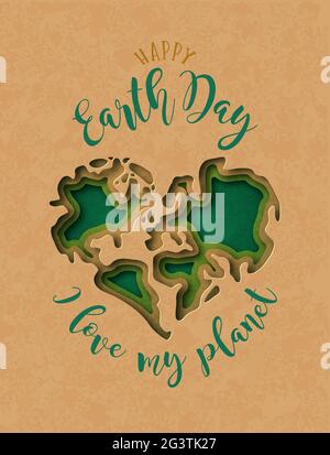 Happy Earth Day Grußkarte Illustration von grünen Papercut Herz Form Weltkarte. Ich liebe mein Planet-Konzept auf recyceltem Papier Hintergrund für april 22 Stock Vektor