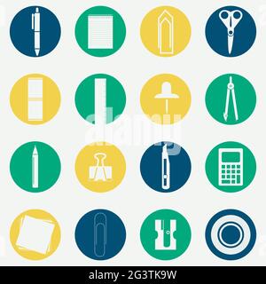 Monochromatische kreisförmige Ikonen verschiedener Büromaterialien wie Schere, Bleistift, Stift, Kompass, Stiletto, Taschenrechner, Lineal, Klebeband, Büroklammern, Stift Stock Vektor