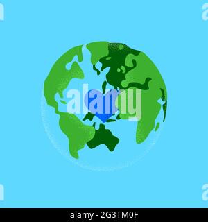 Erdillustration der grünen Welt mit Herzform im Inneren. Globales Konzept zur Umweltpflege, flaches Cartoon-Design auf isoliertem Hintergrund. Stock Vektor
