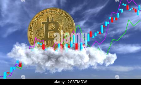 Golden Bitcoin Blue Sky Candlestick Chart Wachstum Stockfoto