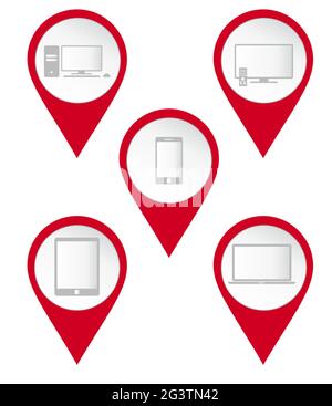 Kartennadelsymbole für elektronische Geräte: Smartphone, Mobiltelefon, tv, pc, Laptop, Tablet. Weißer Hintergrund. Stock Vektor