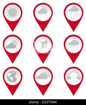 Kartennadelsymbole für Klimazonen: bewölkt, sonnig, Sturm, Regen, Schnee, regenbogen. Weißer Hintergrund. Stock Vektor