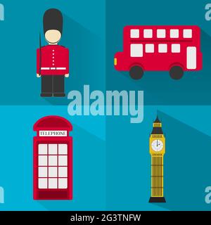 Vier Symbole der´s Londoner Stadt - londoner Soldat, Bus, Big ben, Telefonzelle. Flaches Design. Langer Schatten. Stock Vektor