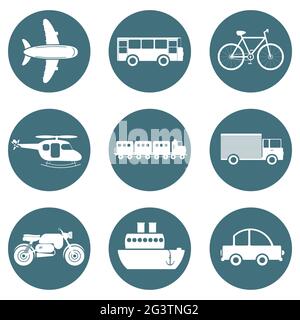 Kreisförmige und monochrome Symbole des Verkehrs - Auto, LKW, Flugzeug, Schiff, Zug, Fahrrad, Hubschrauber, Motorrad, Bus Stock Vektor