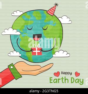 Happy Earth Day Grußkarte Illustration von Menschen halten grünen Planeten Charakter mit Geburtstagsgeschenk. Umwelt Pflege Urlaub Design in lustigen carto Stock Vektor