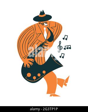 Lustige Jazz-Musiker Cartoon-Figur spielen Saxophon Musikinstrument auf isoliertem Hintergrund. Vintage handgezeichneter Saxophonist Mann. Stock Vektor