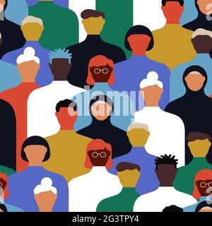 Diverse Menschen Cartoon Charakter nahtlose Muster Illustration. Menschenmenge von Männern und Frauen Gesichter, ethnische Kultur Mix Hintergrund. Stock Vektor