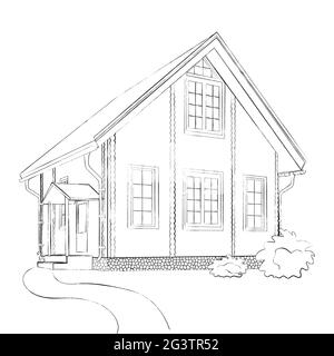 Das Projekt ist architektonisch. Skizze eines freistehenden Einfamilienhauses mit Garten. Vektor Stock Vektor