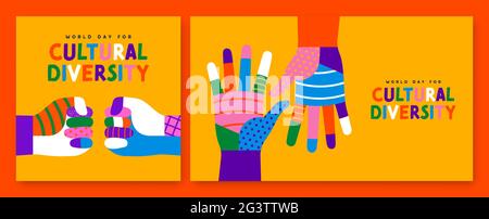 Grußkarte zum Welttag der kulturellen Vielfalt, Satz von bunten Händen verschiedener Menschen. Hilfekonzept der sozialen Gemeinschaft. Verschiedene Kultur Urlaub Veranstaltung auf Stock Vektor