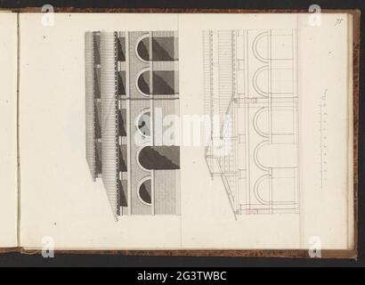 Fassade und Querschnitt eines Gebäudes. Seite 75 aus einem Skizzenbuch mit 86 Seiten. Stockfoto