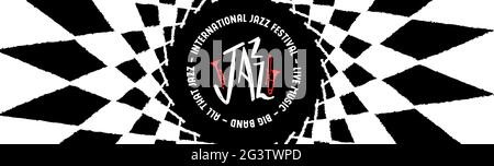 International Jazz Festival – Vorlage für Bannerdarstellung. Abstrakte geometrische Trompete Musikinstrument Hintergrund für Live-Konzert-Event oder musikalische par Stock Vektor