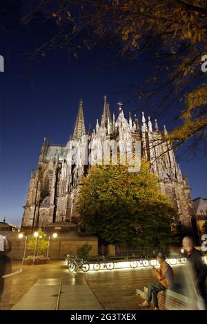 Blick auf den Kölner Dom zur blauen Stunde - Blick nach osten Stockfoto