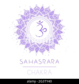 Vektor-Illustration mit Symbol Chakra Sahasrara auf weißem Hintergrund. Kreis-Mandala-Muster und handgezeichnete Schriftzüge. Stock Vektor