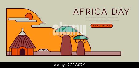 Afrika Tag Web-Vorlage Illustration der traditionellen afrikanischen Landschaft mit Schlamm Haus und Baobab Baum. Flacher Umriss Cartoon, trendige Linie Kunst-Design für Stock Vektor