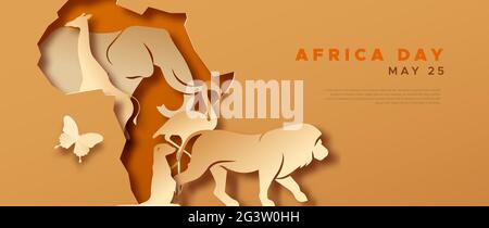 Afrika Tag Web-Vorlage Illustration, Papier geschnitten afrikanischen Kontinent Kartenform mit Wildlife Safari Tiere. 25 Mai Event-Design für die Freiheit Feier. Stock Vektor