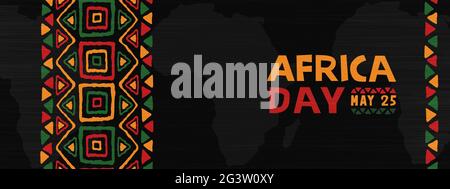 Afrika Tag Grußkarte Illustration für 25 Mai Feier. Afrikanische Kontinentalkarte mit ethnischer Kunst und wilden Stammesdrucken. Stock Vektor