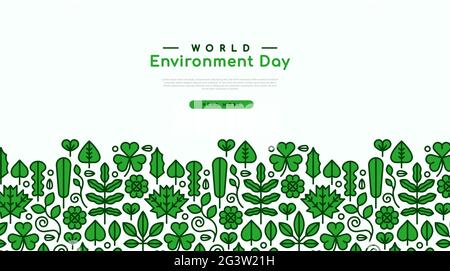 World Environment Day Web-Vorlage Illustration der modernen grünen Pflanze Blatt Linie Symbole mit Kopierraum. Natürliches umweltfreundliches Design für Planet Conserva Stock Vektor